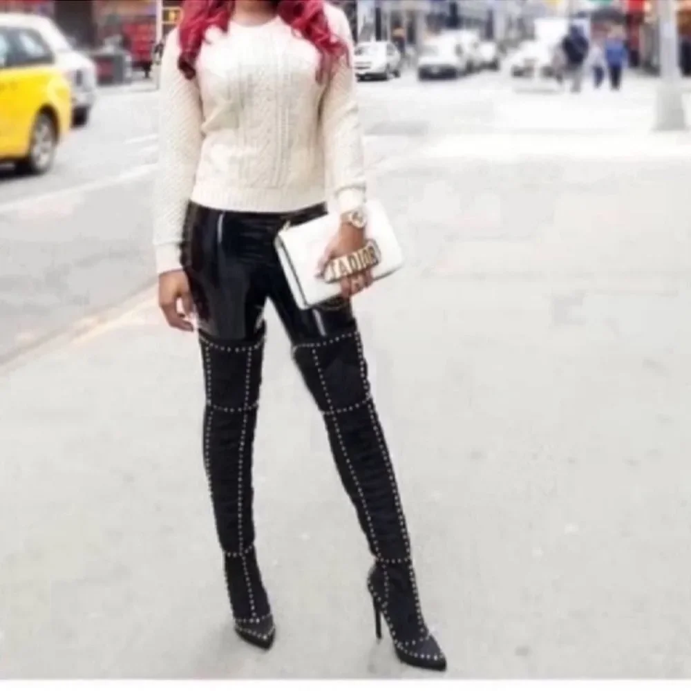 Black Faux Suede Studded Knee High Boots Size 36